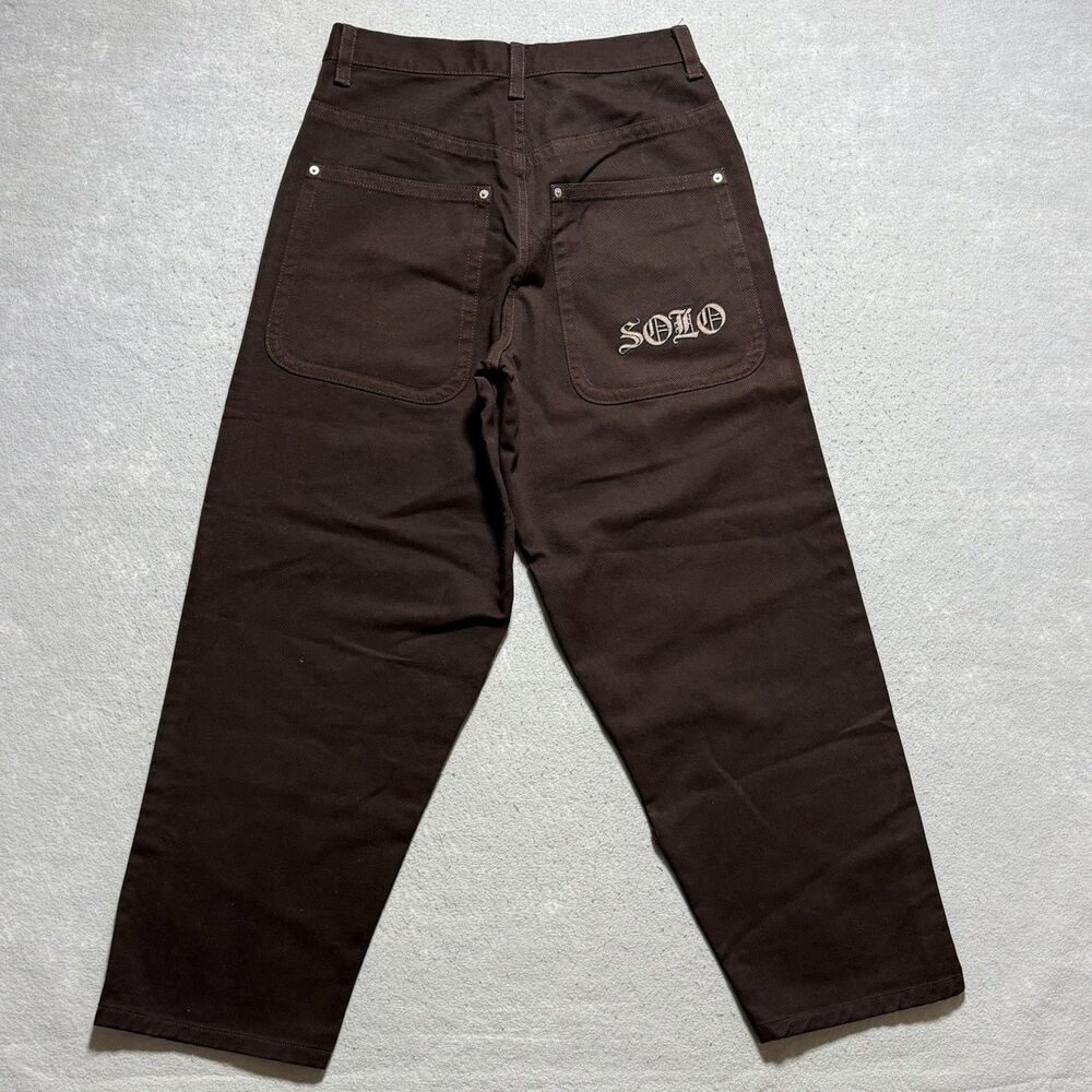 VTG Solo Semore Brown Baggy Embroidered Denim Jeans 34x30 90s USA Y2K Wide Jnco